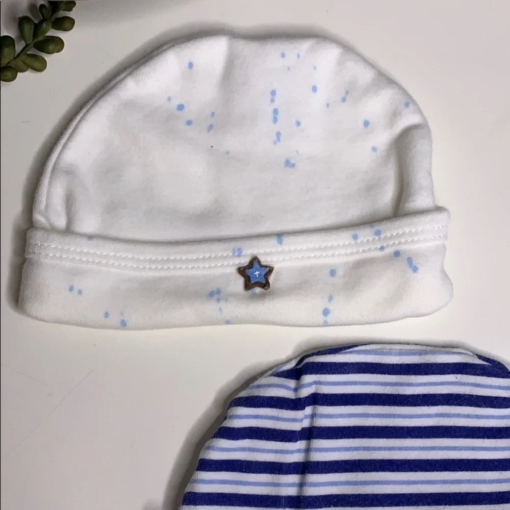 Two blue cotton stretch knit newborn hats beanie blue white